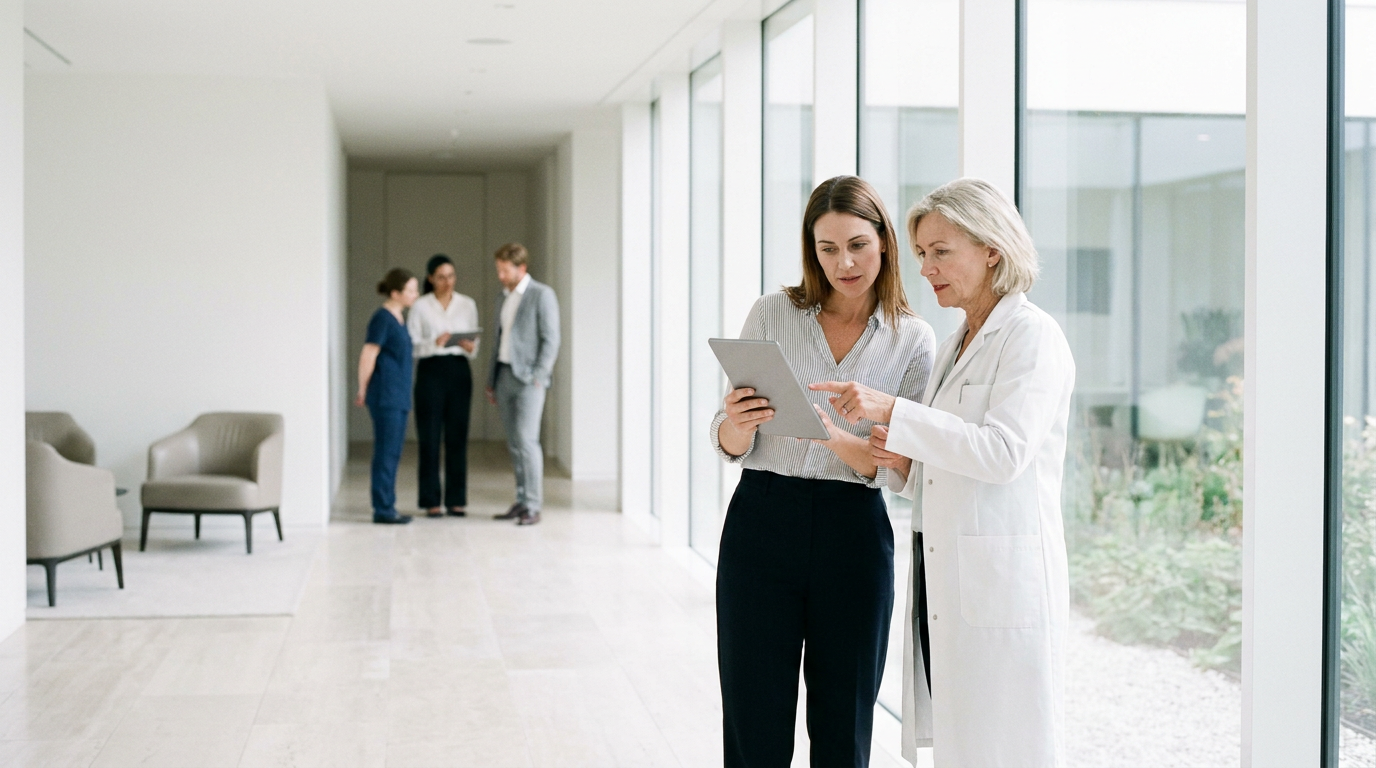 Ärztinnen besprechen am Tablet das Heilmittelwerbegesetz Faltenunterspritzung auf dem Flur einer modernen Klinik