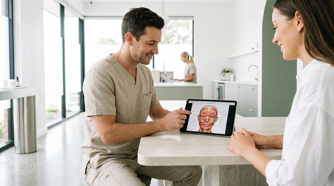 Arzt erklärt einer Patientin die Gesichtsmuskeln am Tablet in einer Praxis für Ästhetische Medizin