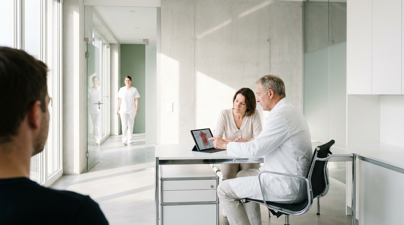 Arzt zeigt einer Patientin auf dem Tablet anatomische Details vor einer Botulinumtoxin Behandlung