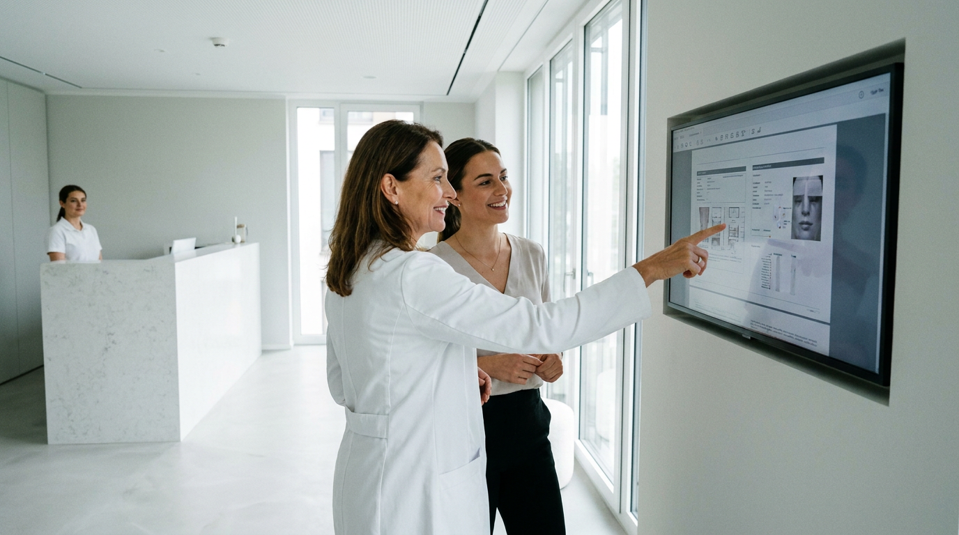 Ärztin zeigt Patientin eine digitale Gesichtsanalyse in einer modern ausgestatteten Klinik für Ästhetische Medizin