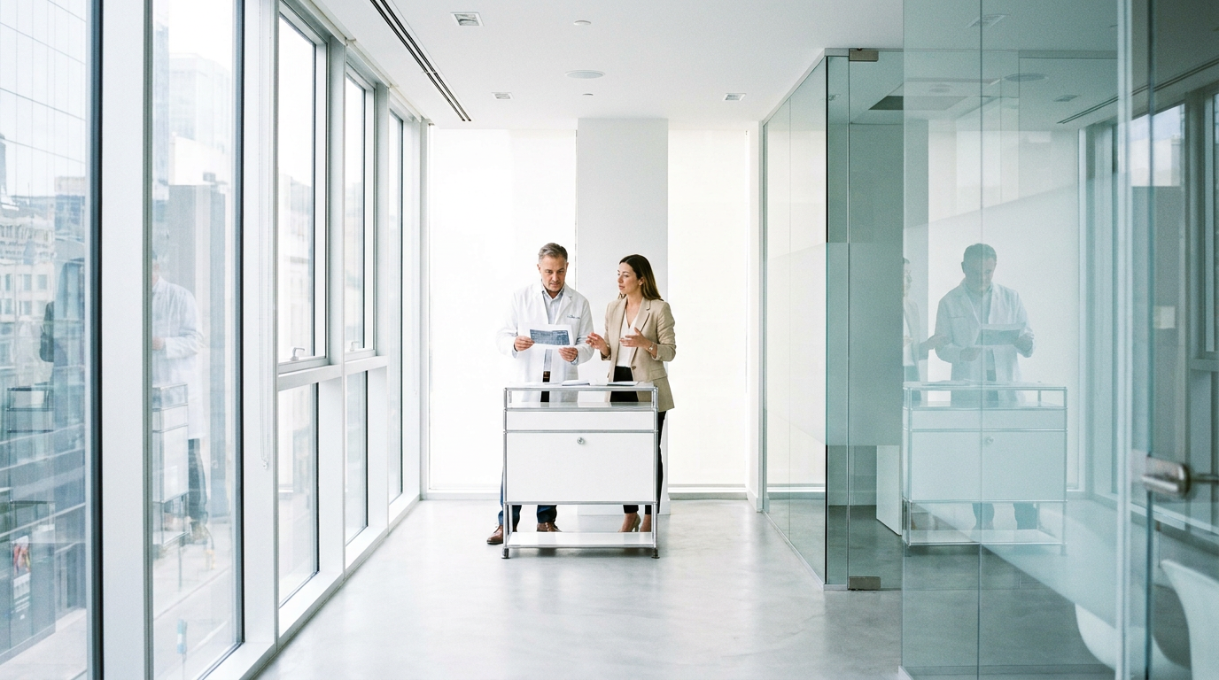 Arzt und Beraterin besprechen Unterlagen in einer modernen Klinik zum Thema Praxismarketing ästhetische Medizin