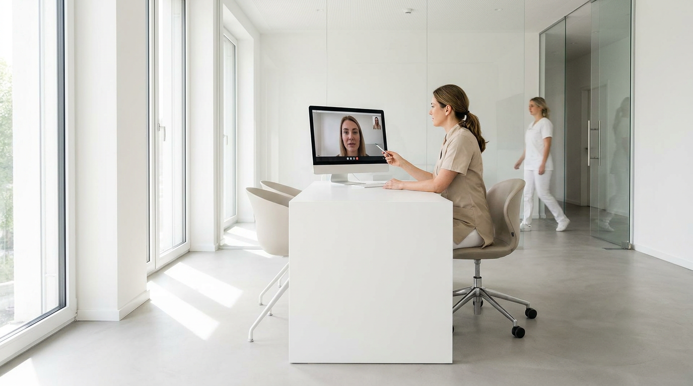 Ärztin in einer modernen Praxis bei einer Video-Sprechstunde am Monitor zur Fernbehandlung HWG