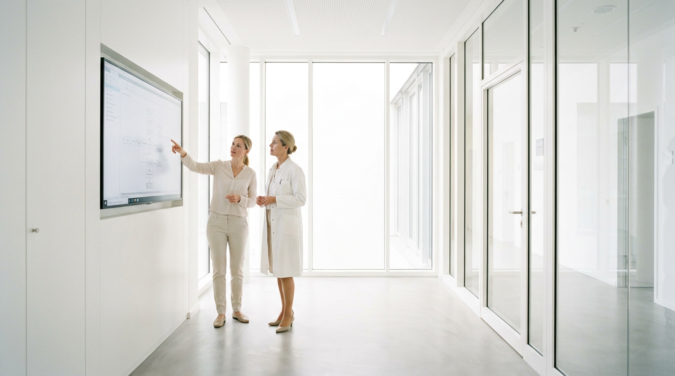 Ärztin und Kollegin analysieren eine Software als Medizinprodukt auf einem großen Bildschirm im Klinikflur