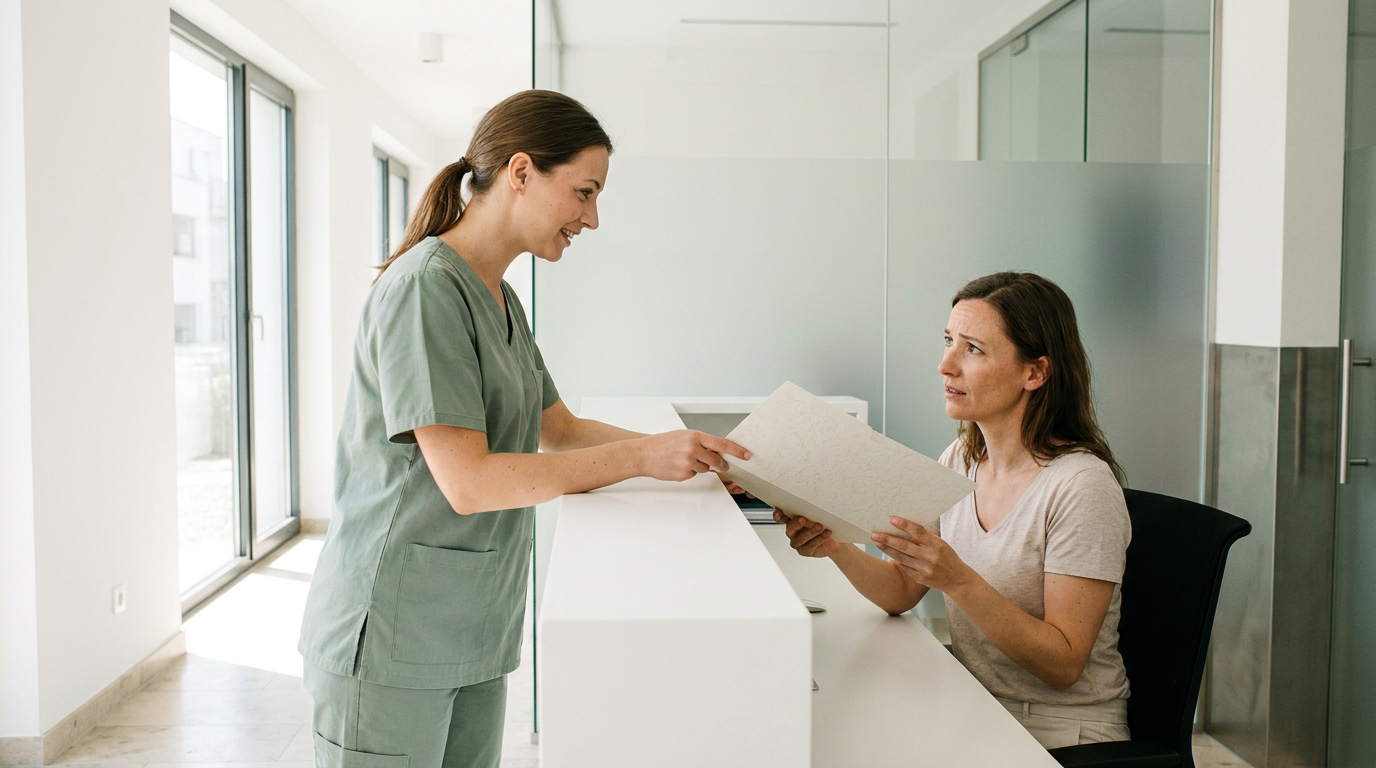 Eine medizinische Angestellte übergibt einer Patientin am Empfang Dokumente nach einem Beratungsgespräch