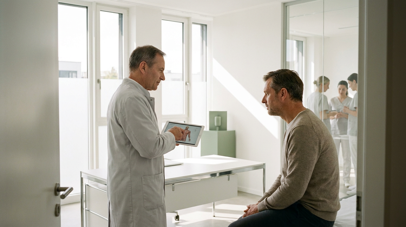 Arzt berät einen Patienten mit Tablet in einer modernen Praxis zum Thema Männerästhetik
