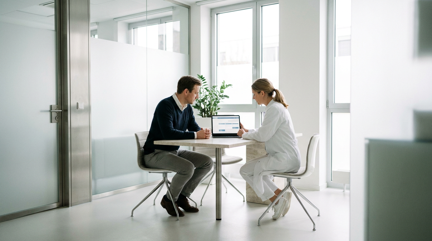 Berater und Ärztin besprechen am Laptop das Praxismarketing Ästhetische Medizin in einer hellen Praxis