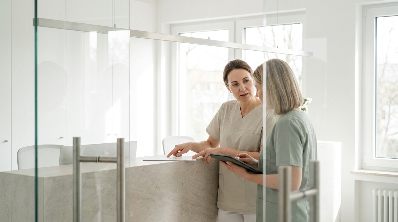 Zwei medizinische Mitarbeiterinnen besprechen Dokumente am Empfang einer Praxisklinik für ästhetische Medizin