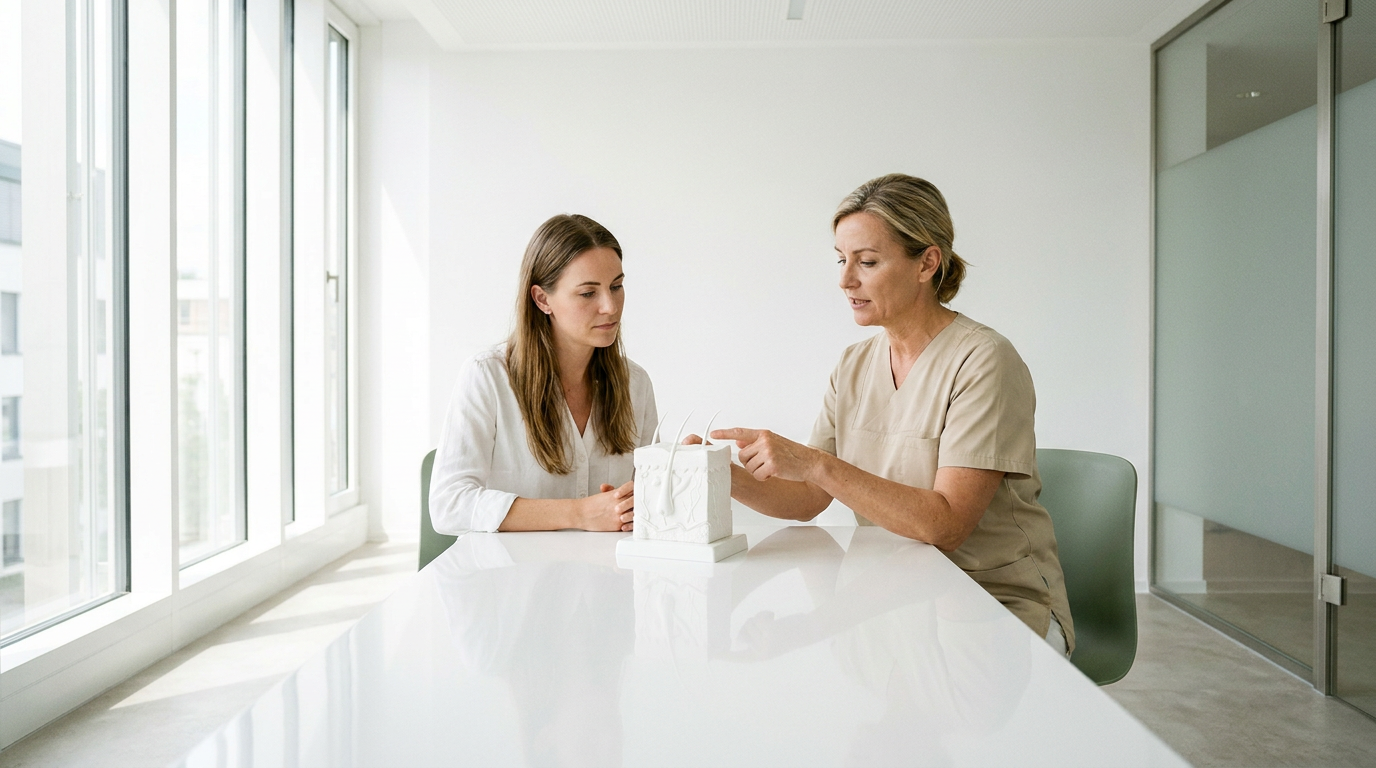 Ärztin erklärt Patientin ein medizinisches Hautmodell im Beratungsgespräch zum Thema Praxismarketing Plastische Chirurgie