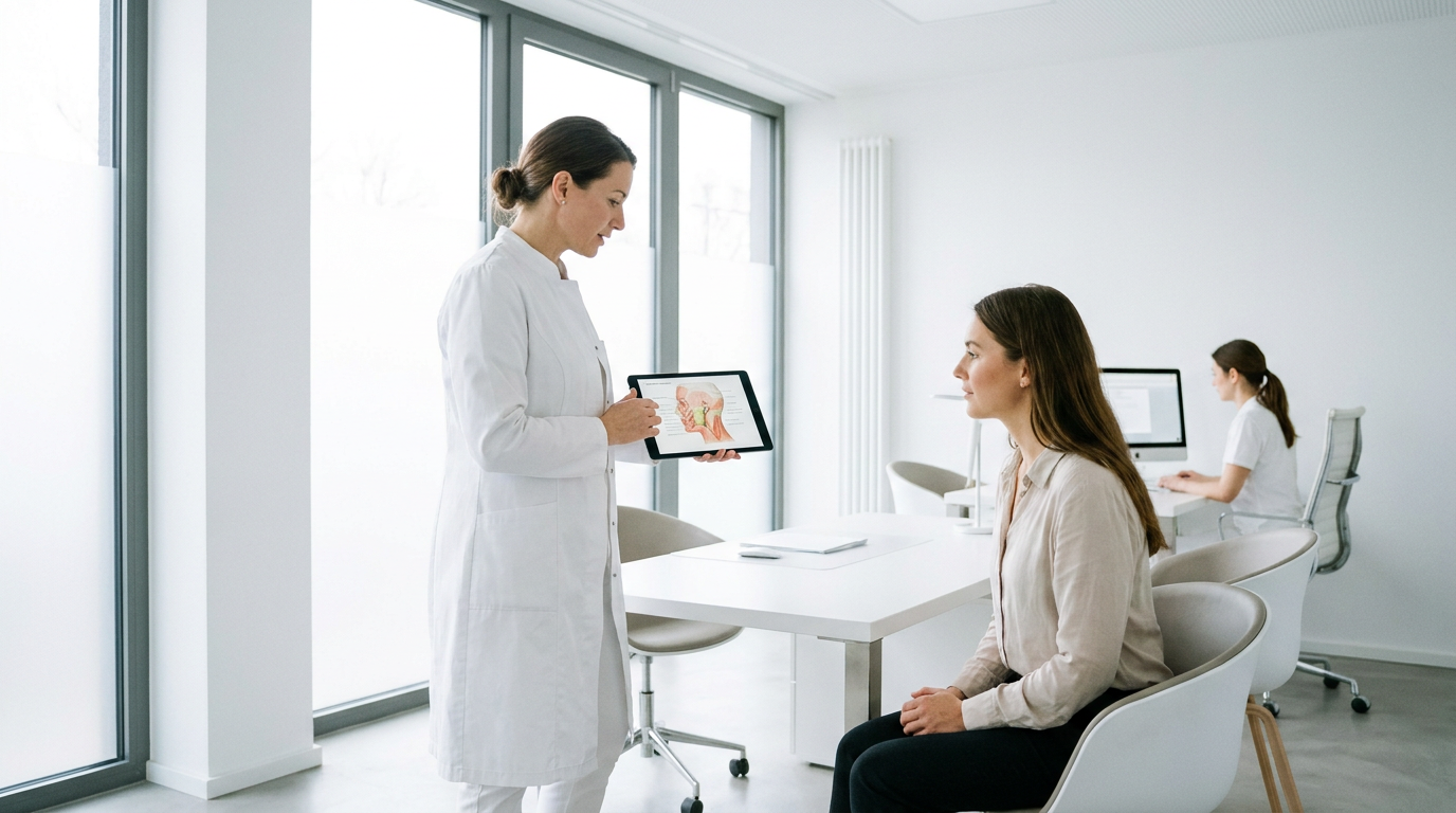 Ärztin bespricht in einer Praxis mit einer Patientin geplante Filler Behandlungen auf einem Tablet