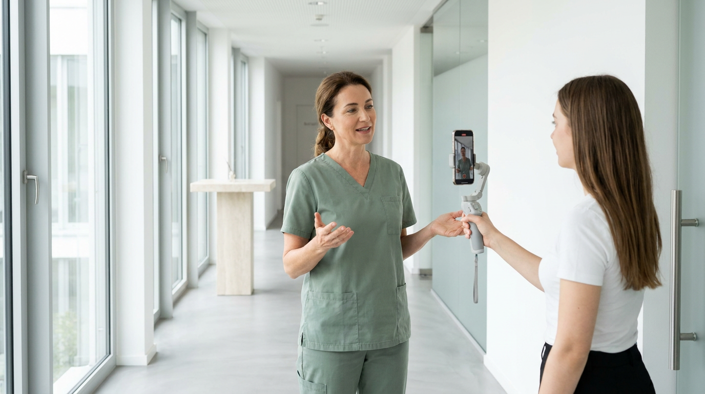 Eine Ärztin wird im hellen Praxisflur für die Patientengewinnung ästhetische Medizin gefilmt