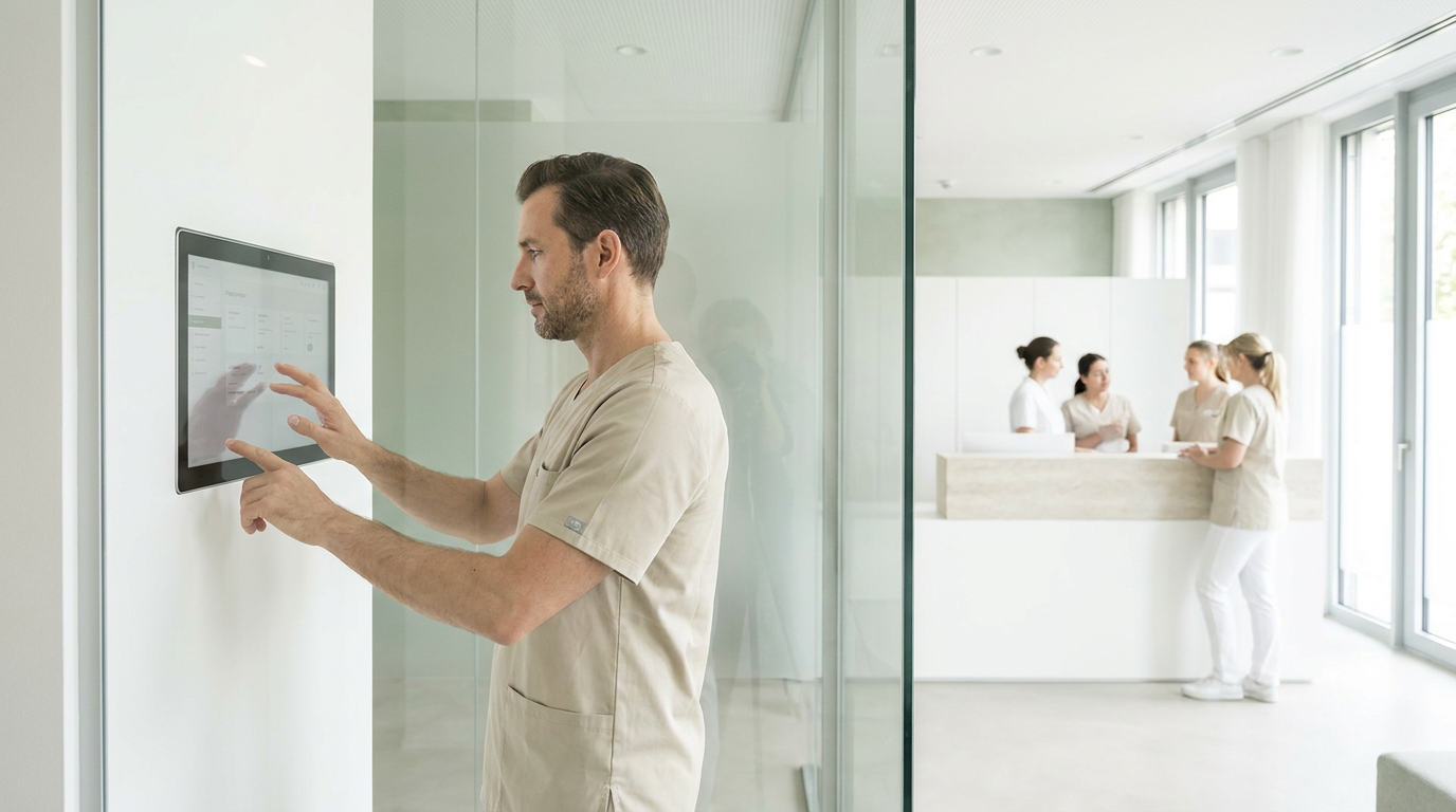 Mediziner bedient einen Wandscreen zur digitalen Organisation in einer Praxis für Ästhetische Medizin
