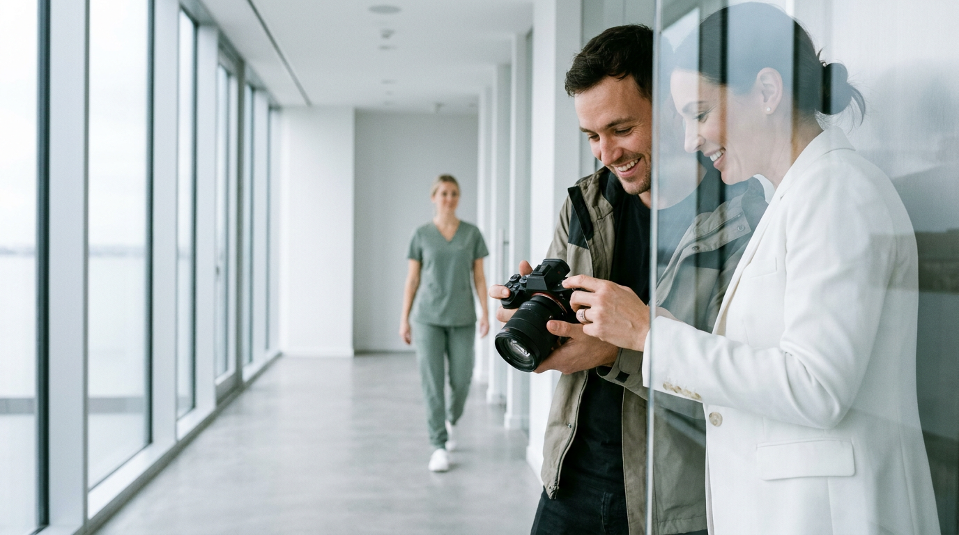 Fotograf und Kundin betrachten Kameraaufnahmen auf dem Gang für professionelles Praxismarketing Ästhetische Medizin