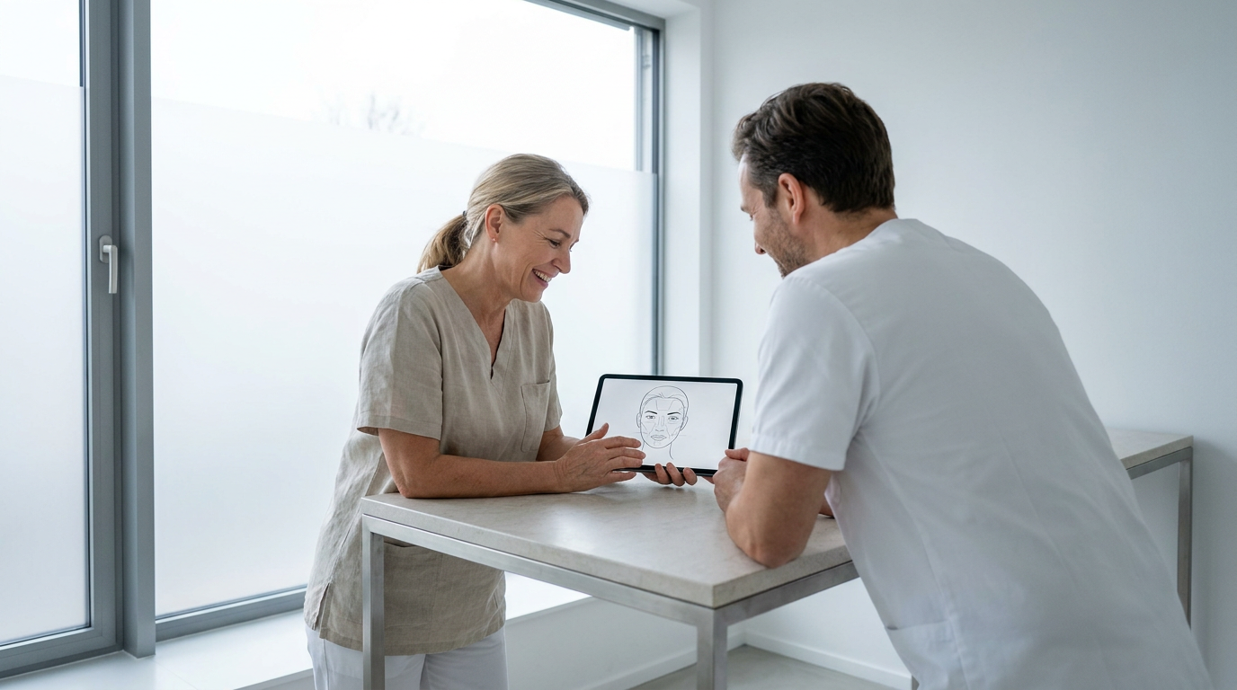 Zwei medizinische Fachkräfte besprechen eine Gesichtsskizze auf einem Tablet für das Praxismarketing Dermatologie