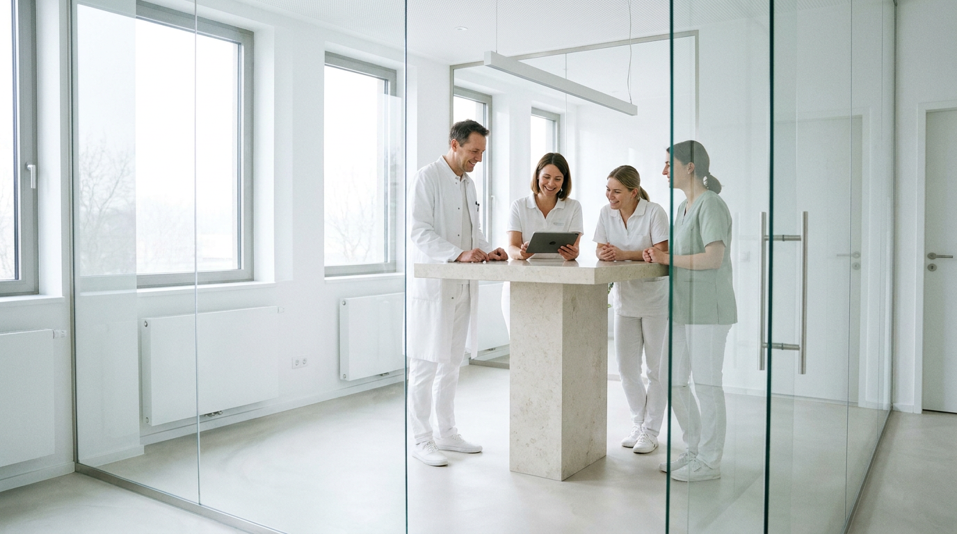 Arzt und Praxispersonal besprechen am Tablet in einer modernen Klinik neue Ansätze für zeitgemäßes Praxismarketing