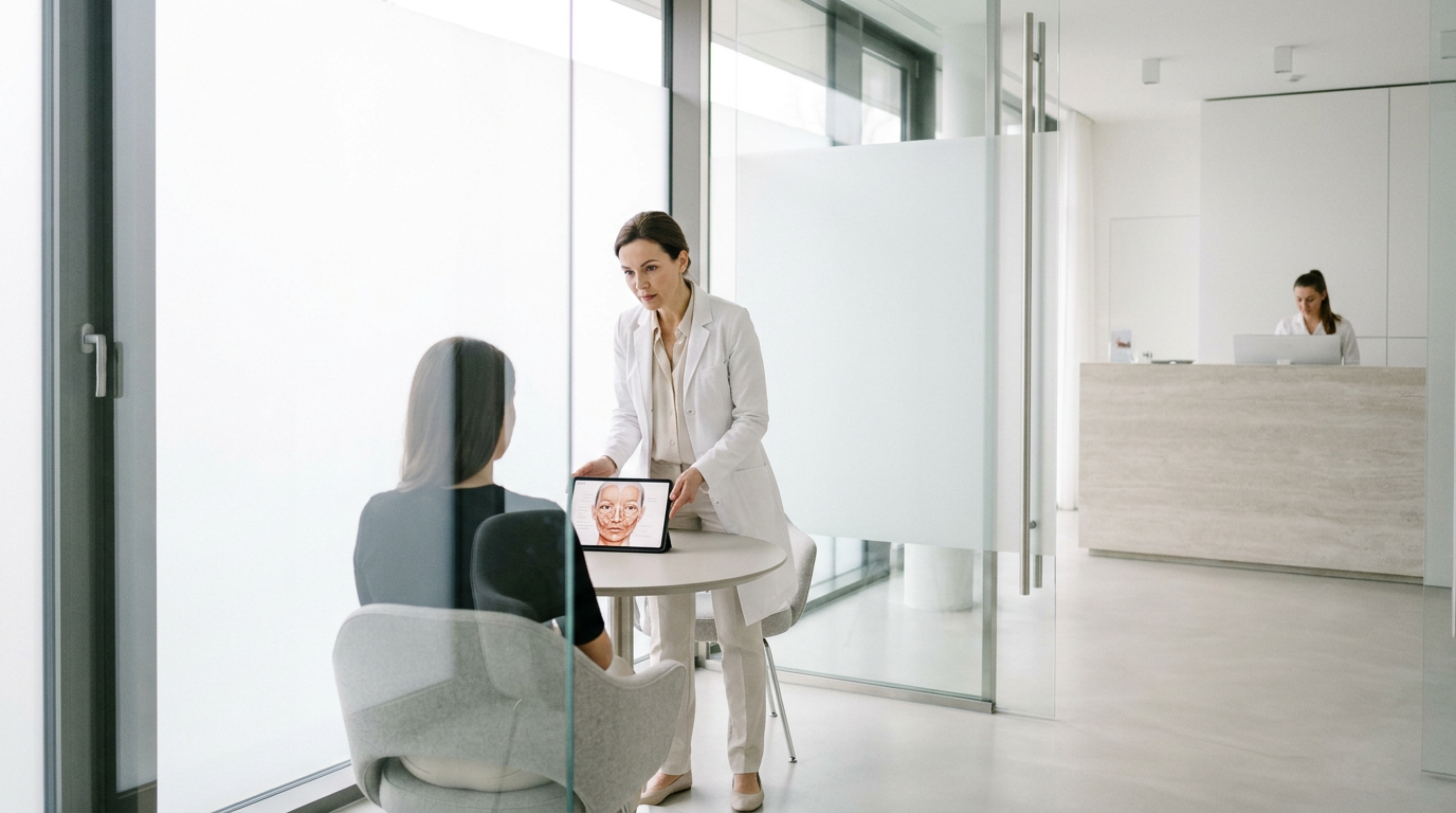 Ärztin zeigt Patientin Gesichtsanatomie auf einem Tablet zur Beratung im modernen Praxismarketing