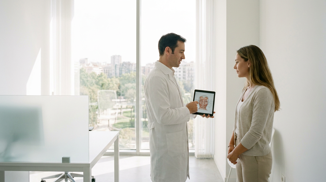 Arzt berät eine Patientin in einer Praxis für Ästhetische Medizin mithilfe eines Tablets