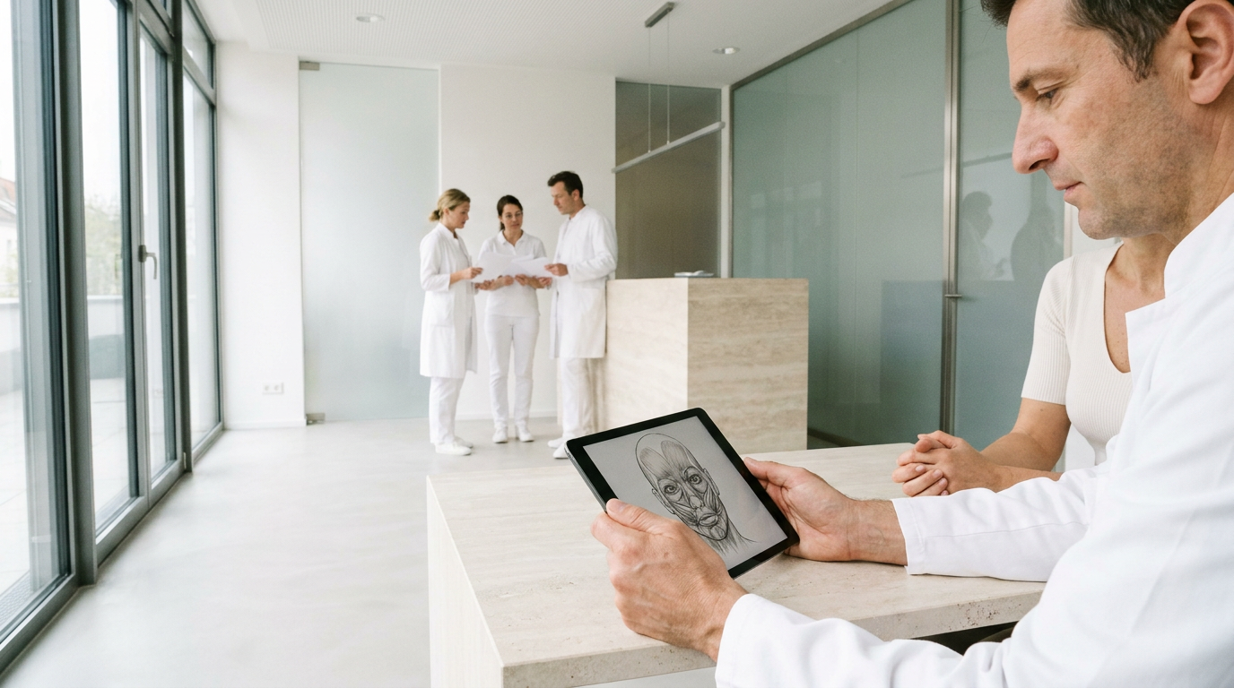 Arzt zeigt Patientin Gesichtsmuskeln auf einem Tablet zur fachgerechten Patientenaufklärung in einer Praxis