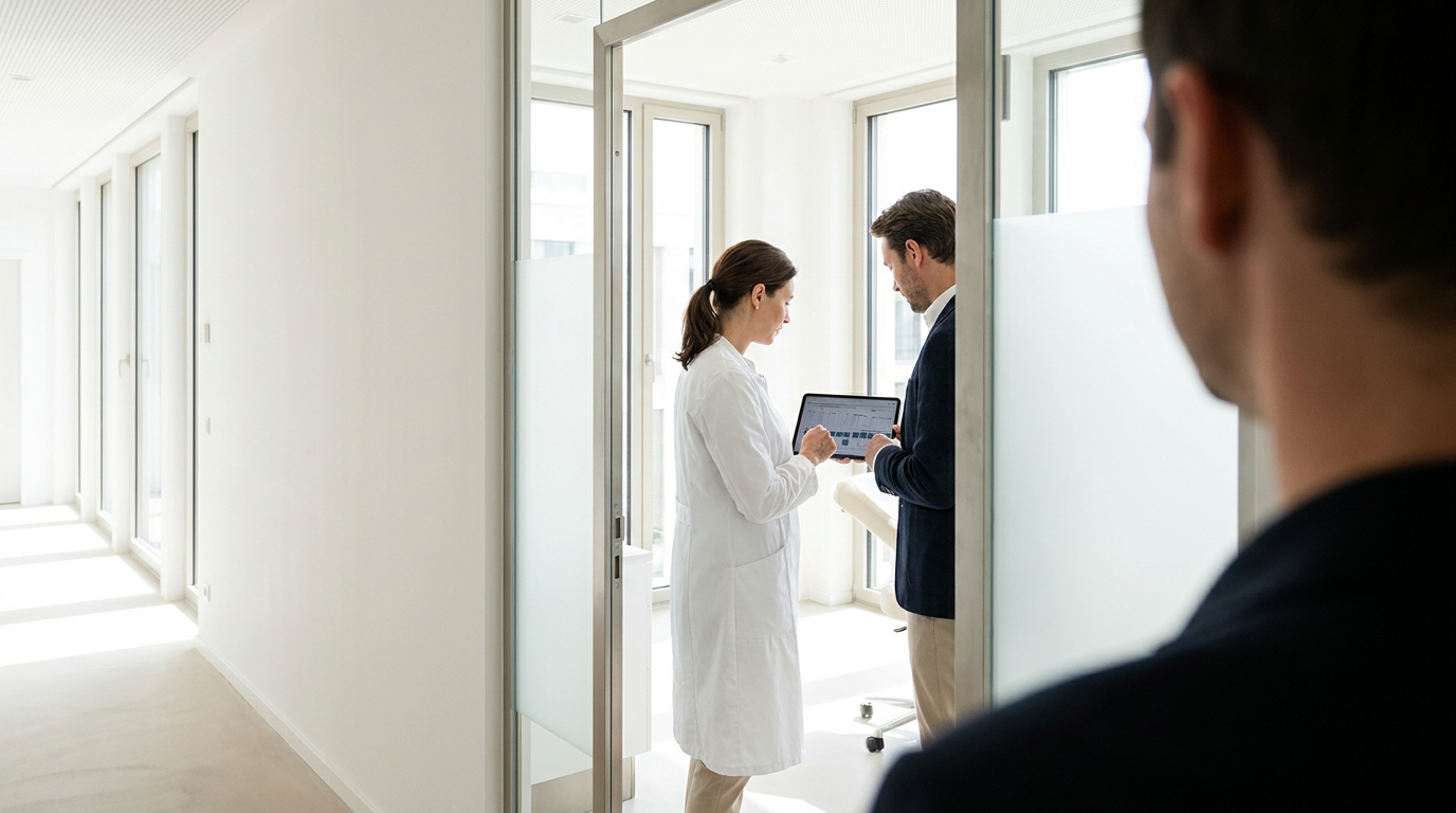 Ärztin und Berater besprechen digitale Strategien auf einem Tablet für erfolgreiches Praxismarketing