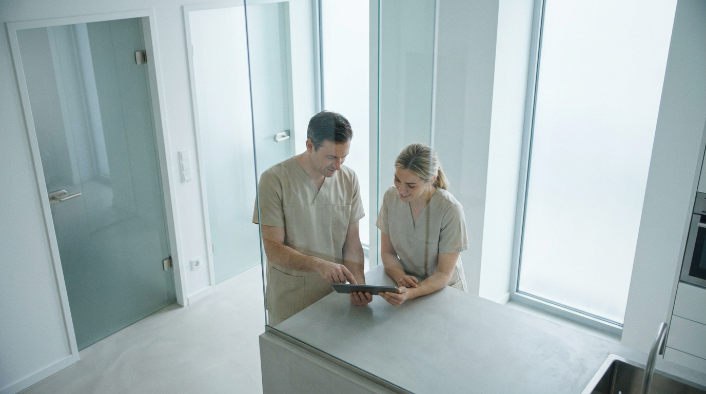 Zwei medizinische Angestellte besprechen eine digitale Kampagne auf einem Tablet für zeitgemäßes Praxismarketing