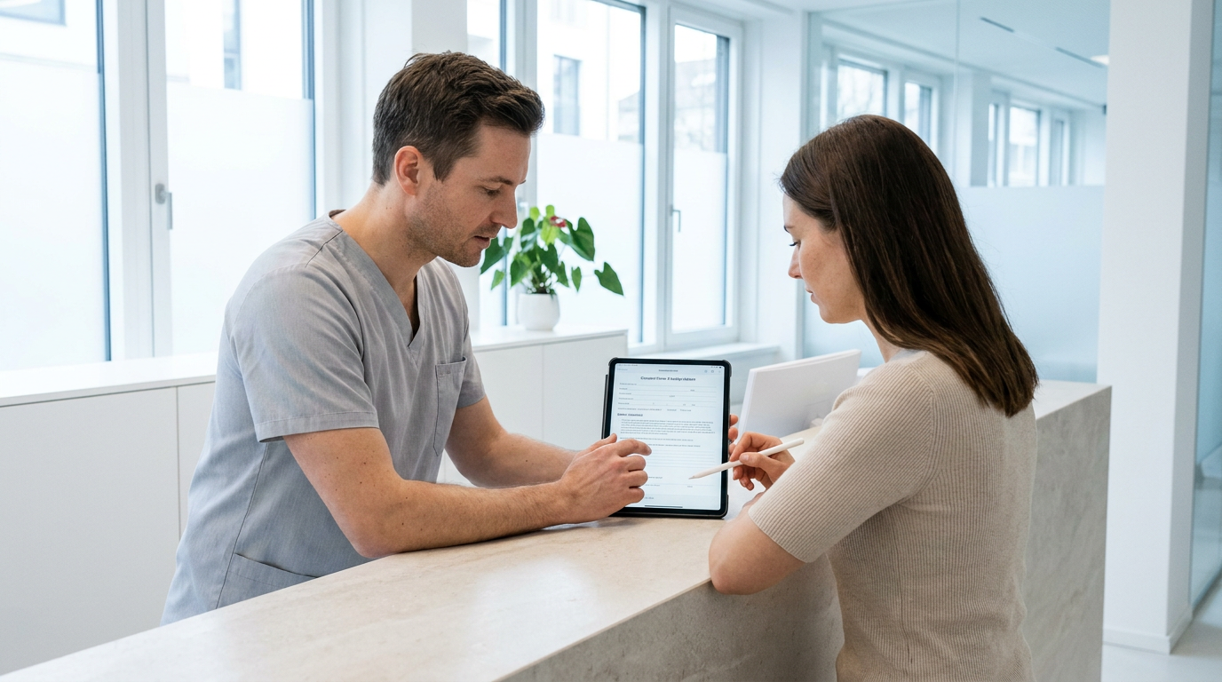 Arzt erklärt Patientin am Empfang ein digitales Dokument zur Aufklärungspflicht Praxis auf dem Tablet
