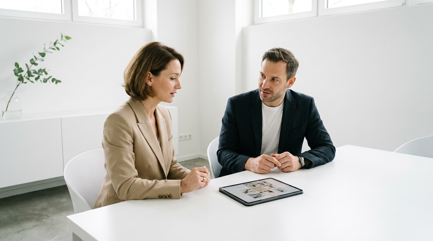 Zwei Personen im Gespräch über ein Tablet zum Thema Praxismarketing Recht