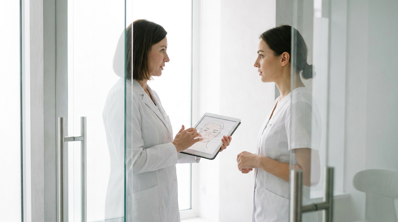 Zwei Ärztinnen besprechen eine Gesichtsskizze auf einem Tablet für die Ästhetische Medizin