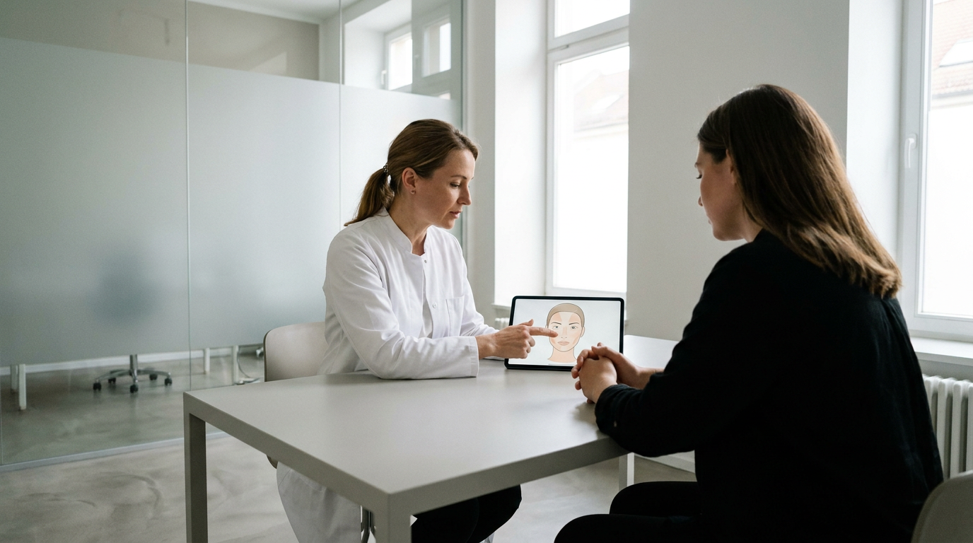 Ärztin berät eine Patientin mithilfe eines Tablets zu Behandlungen der ästhetischen Medizin