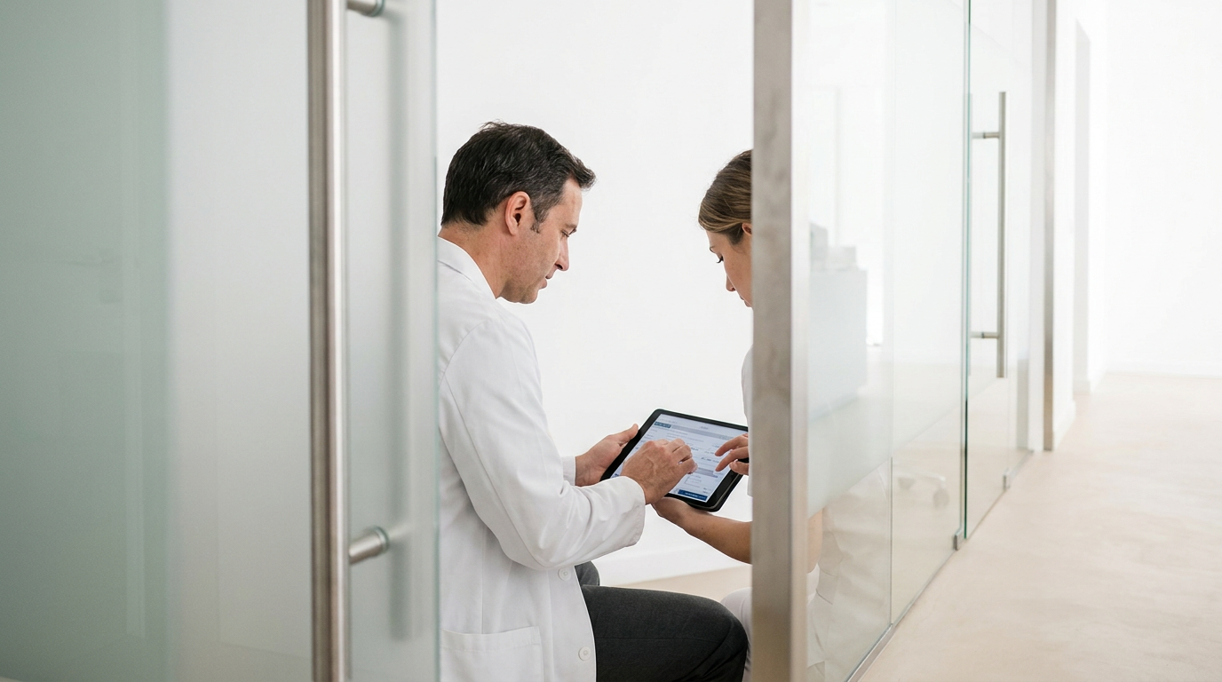 Ein Arzt und eine Assistentin besprechen Daten auf einem Tablet zur Digitalisierung Arztpraxis