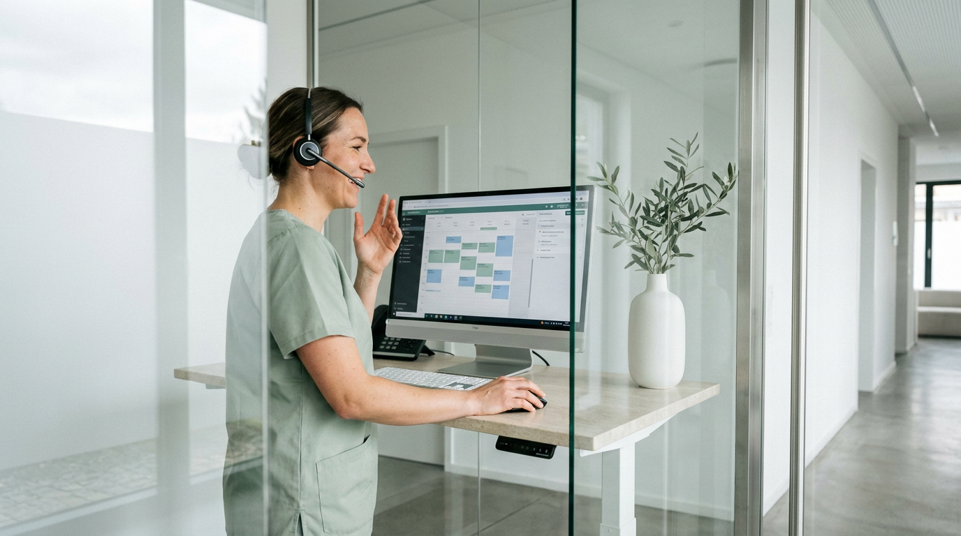 MFA telefoniert mit Headset am Computer in einer modernen Praxis im Zuge der Praxisdigitalisierung