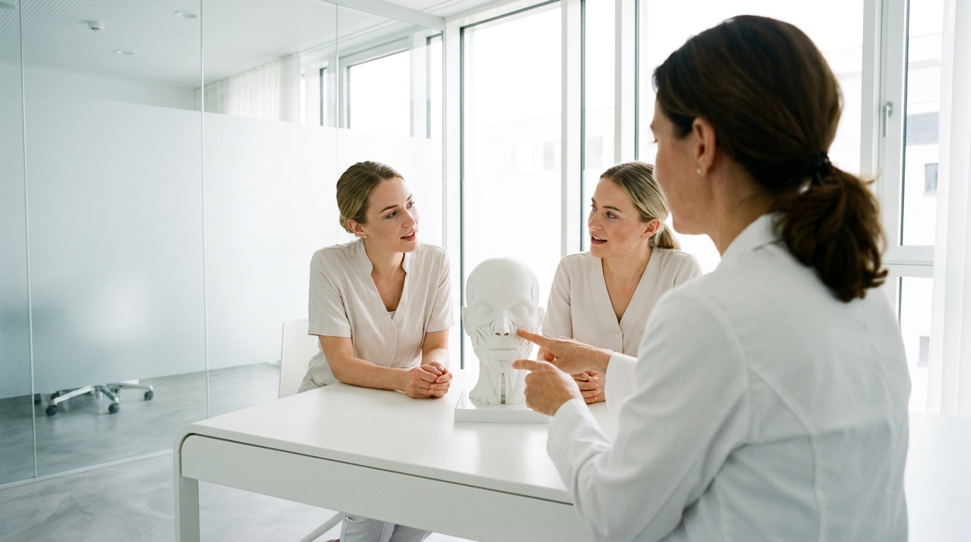 Drei medizinische Fachkräfte besprechen Gesichtsmuskeln am Modell für das Praxismarketing Ästhetische Medizin