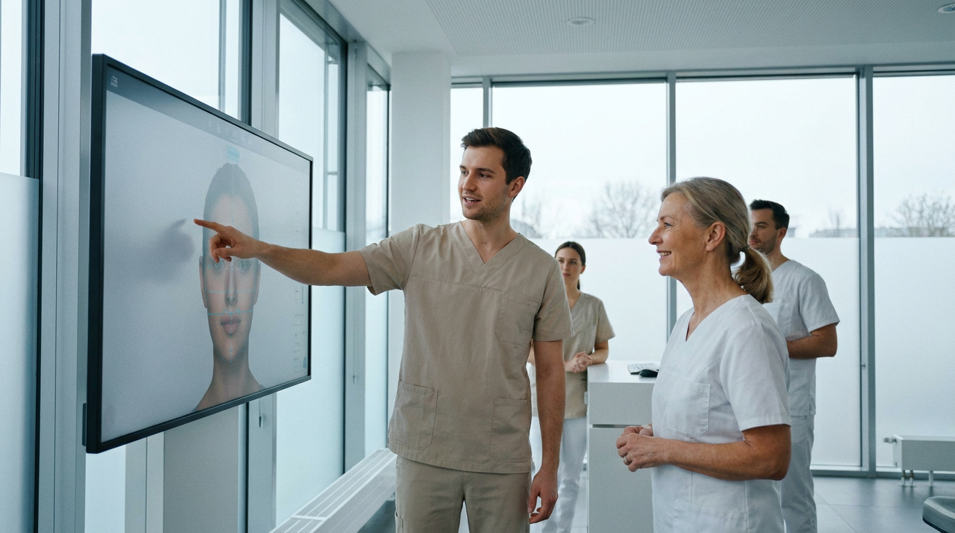 Ein junger Arzt demonstriert Kolleginnen eine digitale Gesichtsanalyse auf einem Bildschirm für Ästhetische Medizin