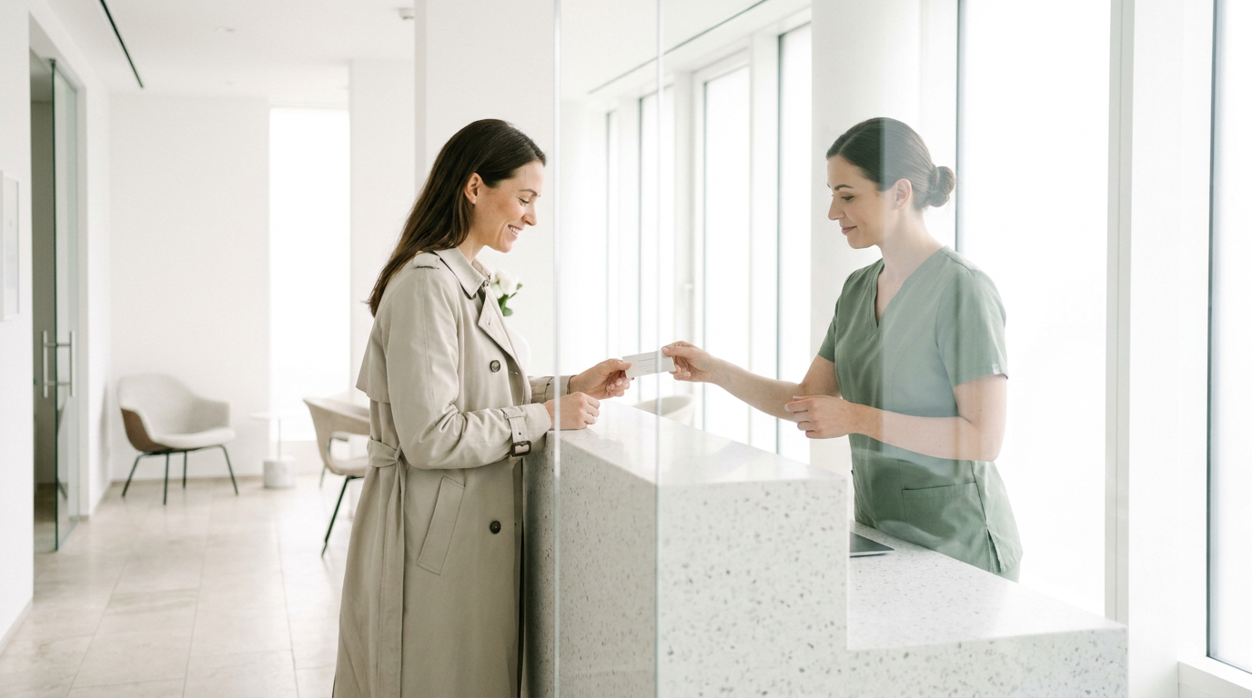 Eine Patientin am Empfang erhält eine Karte für das Bewertungsmanagement Praxis von der Mitarbeiterin