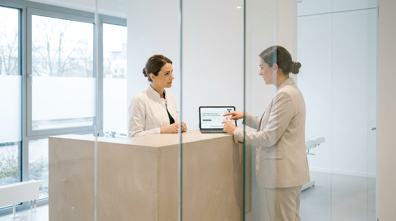 Eine Beraterin bespricht mit einer Ärztin am Empfangstresen das Praxismarketing Dermatologie auf einem Tablet