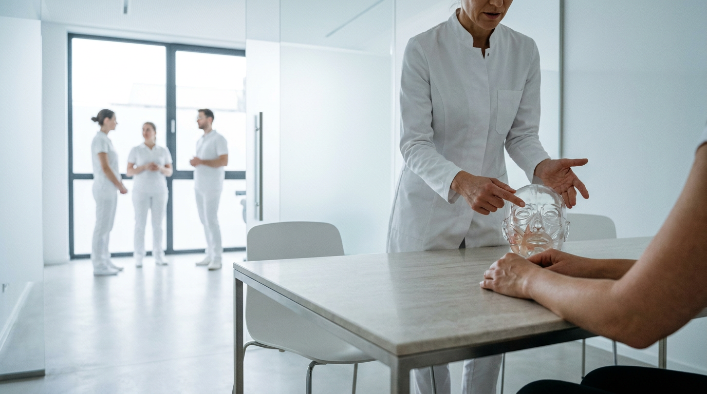 Ärztin erläutert Patientin eine Behandlung am anatomischen Gesichtsmodell im Rahmen von seriösem Praxismarketing