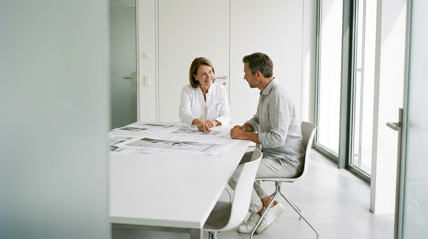 Ärztin bespricht Entwürfe am Besprechungstisch mit einem Experten einer SEO-Agentur für Ärzte