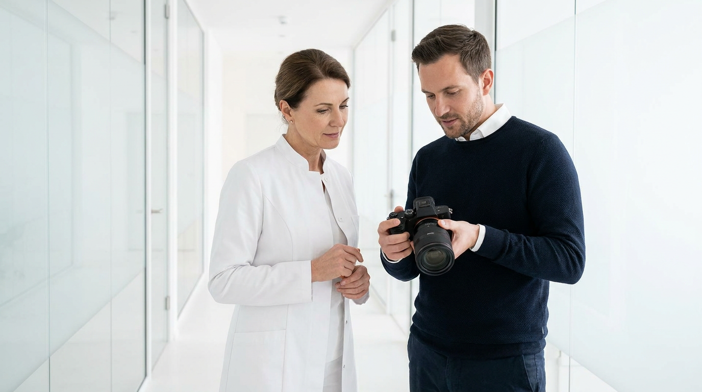 Ärztin und Fotograf besprechen Aufnahmen in einer Praxis für das Praxismarketing Ästhetische Medizin