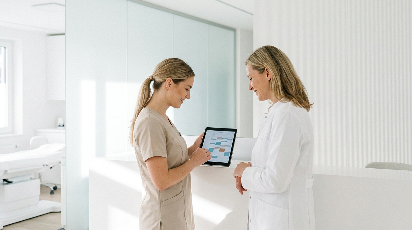 Zwei Fachkräfte betrachten einen digitalen Terminkalender auf einem Tablet in einer Praxis für Ästhetische Medizin