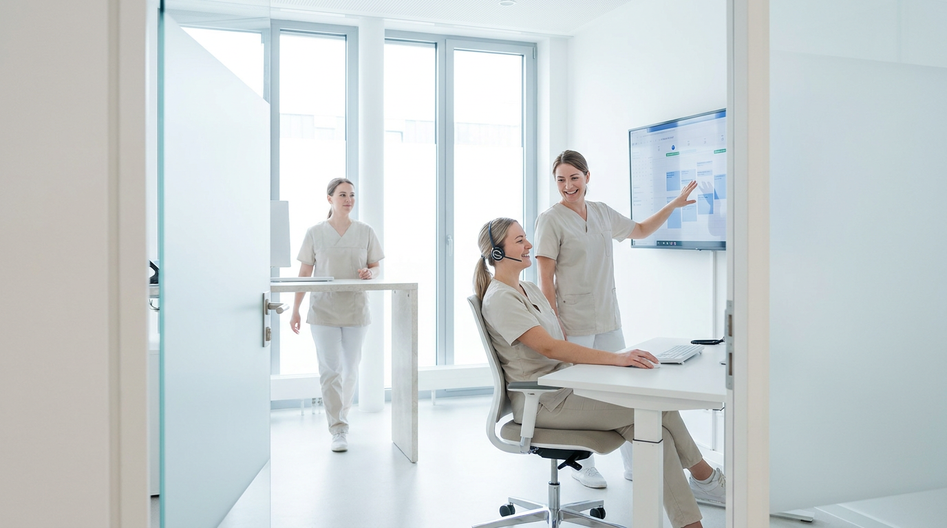 Praxisangestellte mit Headset und Kalenderbildschirm arbeiten gemeinsam an einer effizienten Praxisorganisation
