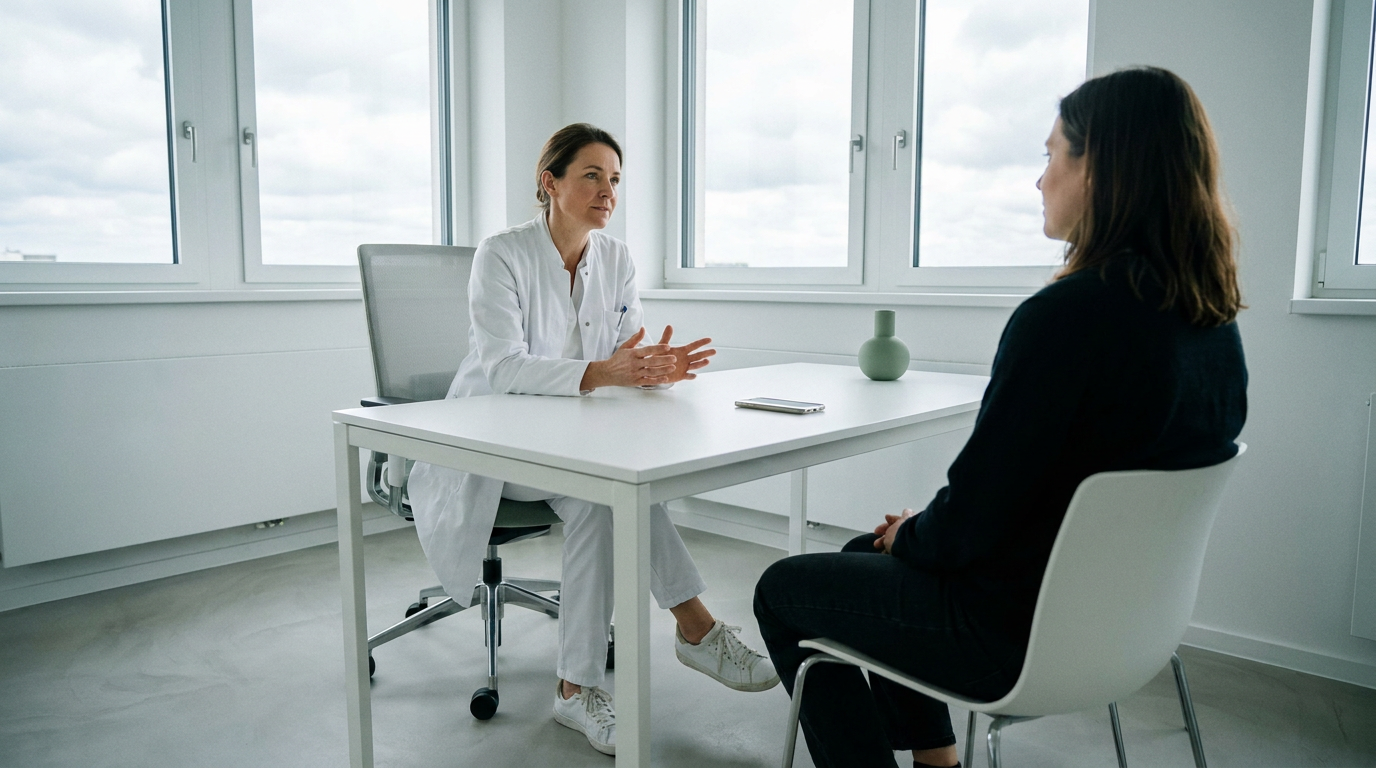 Ärztin führt ein Gespräch mit einer Patientin am Schreibtisch zur KI-Dokumentation Arztpraxis