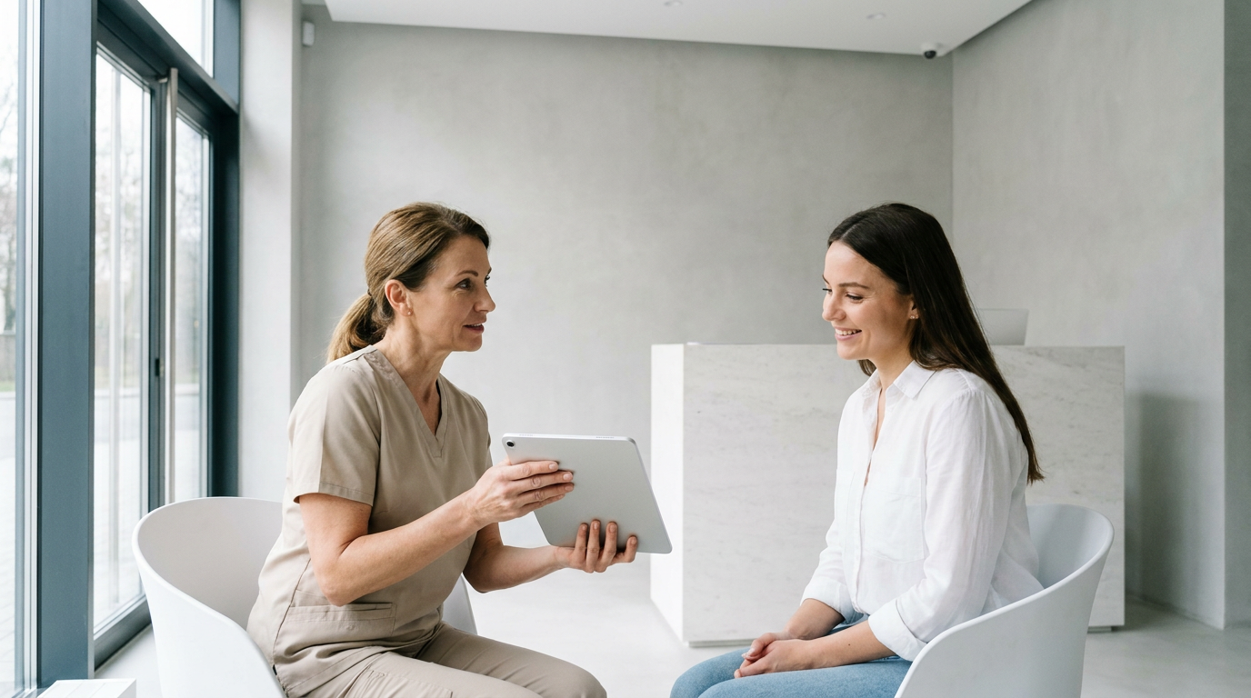 Eine Behandlerin erklärt einer Patientin per Tablet die Digitale Anamnese in einer modernen Arztpraxis