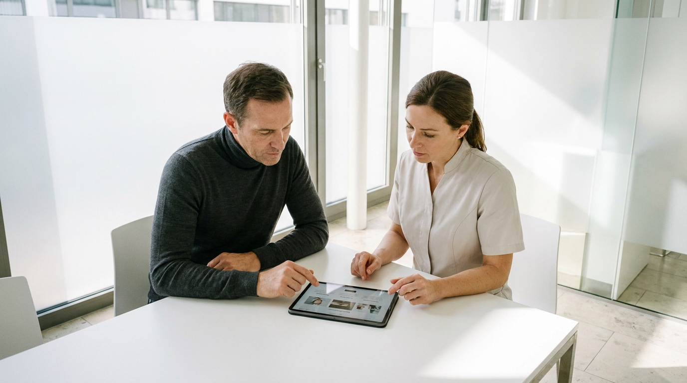 Eine Ärztin und ein Berater analysieren am Tablet die Suchmaschinenoptimierung Arzt