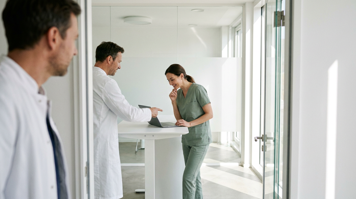 Zwei Mediziner besprechen am Laptop in einer modernen Klinik Konzepte für zeitgemäßes Praxismarketing