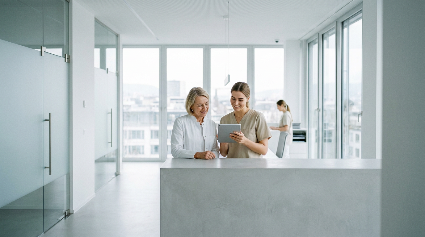 Ärztin und Assistentin mit Tablet am Empfang einer modernen Klinik zur Personalgewinnung Schweiz