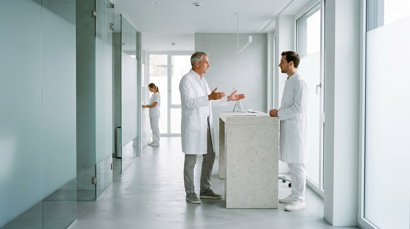 Zwei Ärzte im Gespräch in einer modernen Klinik für die Personalgewinnung Plastische Chirurgie