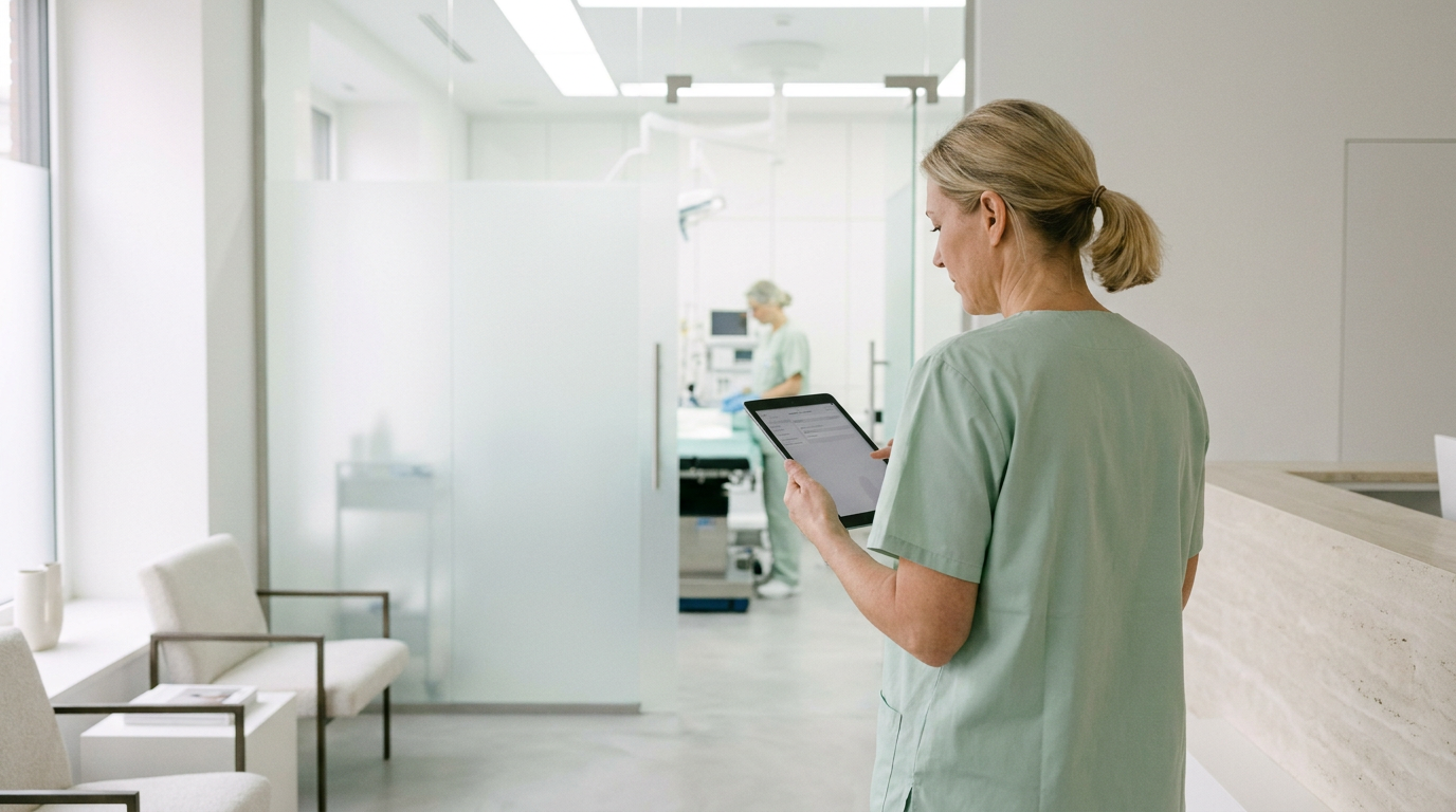 Pflegekraft mit Tablet im modernen Klinikflur im Rahmen von OP-Schwester Recruiting