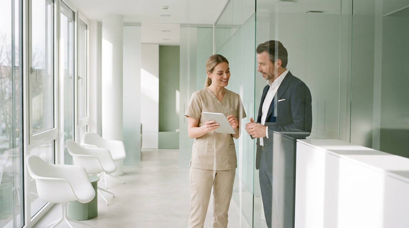 Mitarbeiterin und Patient besprechen am Tablet digitale Lösungen, die moderne Praxisprozesse optimieren