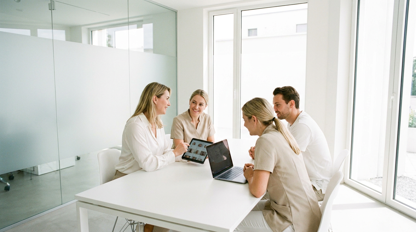 Vier Personen besprechen am Tisch mit Tablet und Laptop Strategien zur Social Media Personalgewinnung