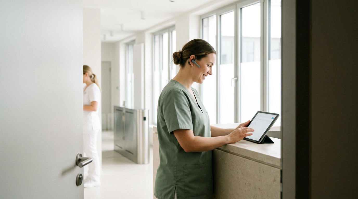 MFA mit Headset bedient ein Tablet am Empfang für eine effiziente Praxisorganisation