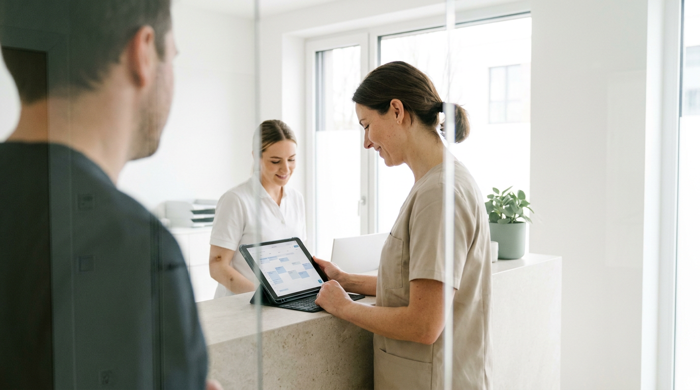 Praxispersonal bespricht Termine auf einem Tablet am Empfang im Rahmen der Digitalisierung Arztpraxis