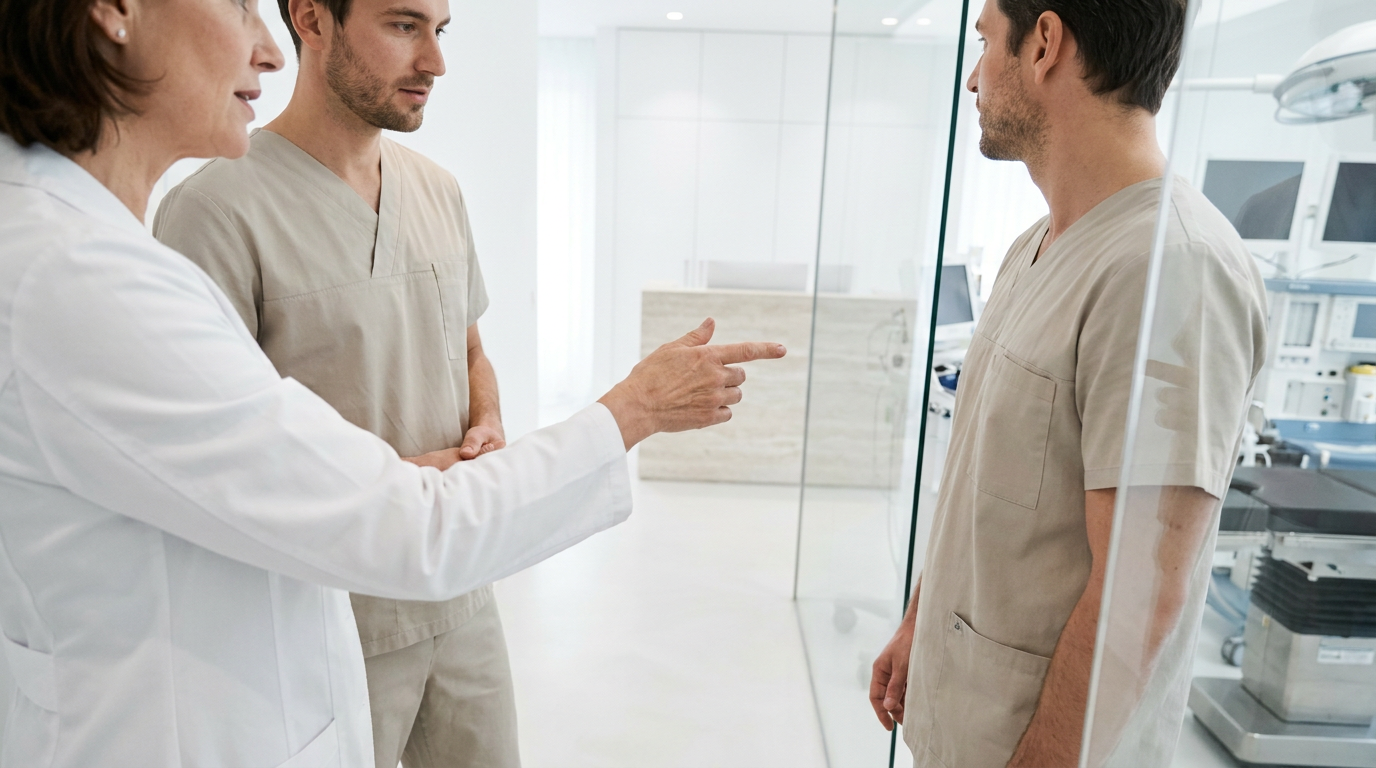 Ärztin im Gespräch mit medizinischem Personal in einer Klinik zum Thema Praxis Recruiting
